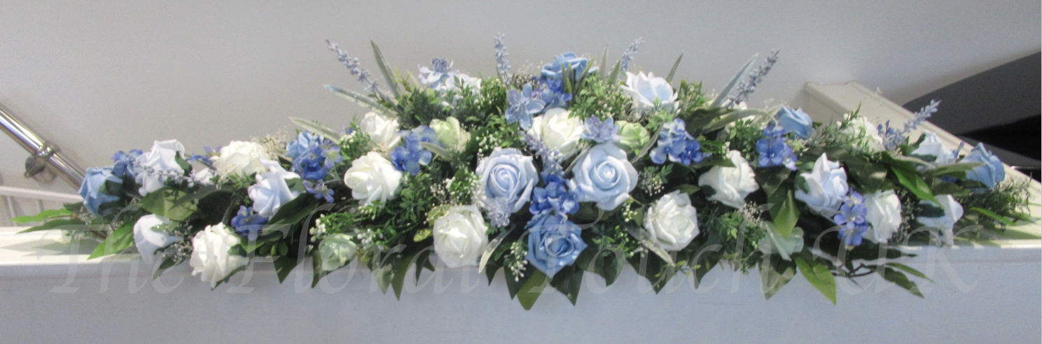 blue and ivory wedding flowers, blue and ivory top table flowers